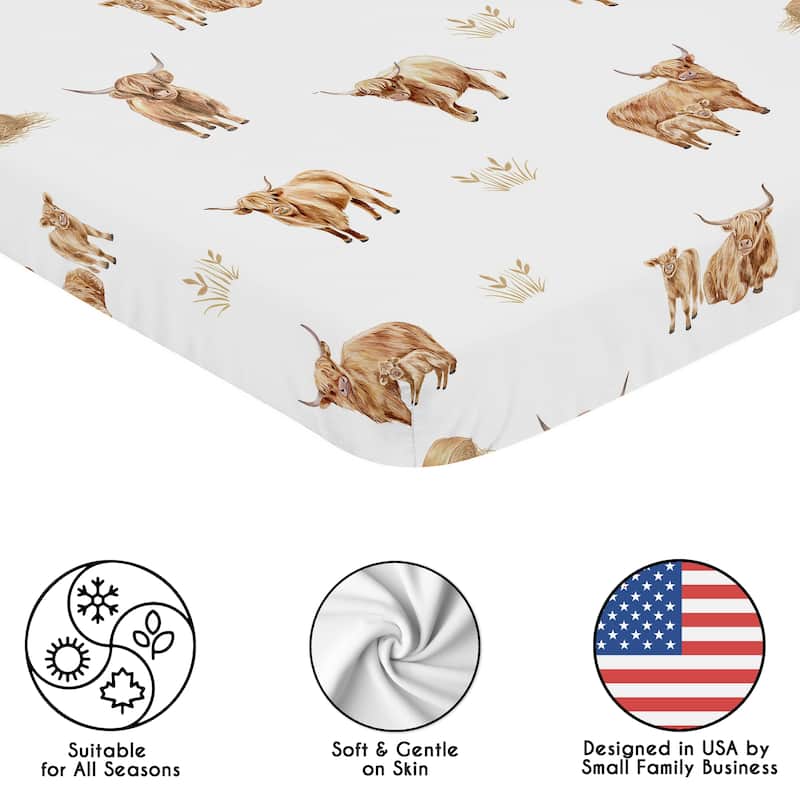 Sweet Jojo Designs Boho Highland Cow Boy, Girl, Gender Neutral Fitted Mini Portable Crib Sheet -Farm Animal Watercolor Farmhouse