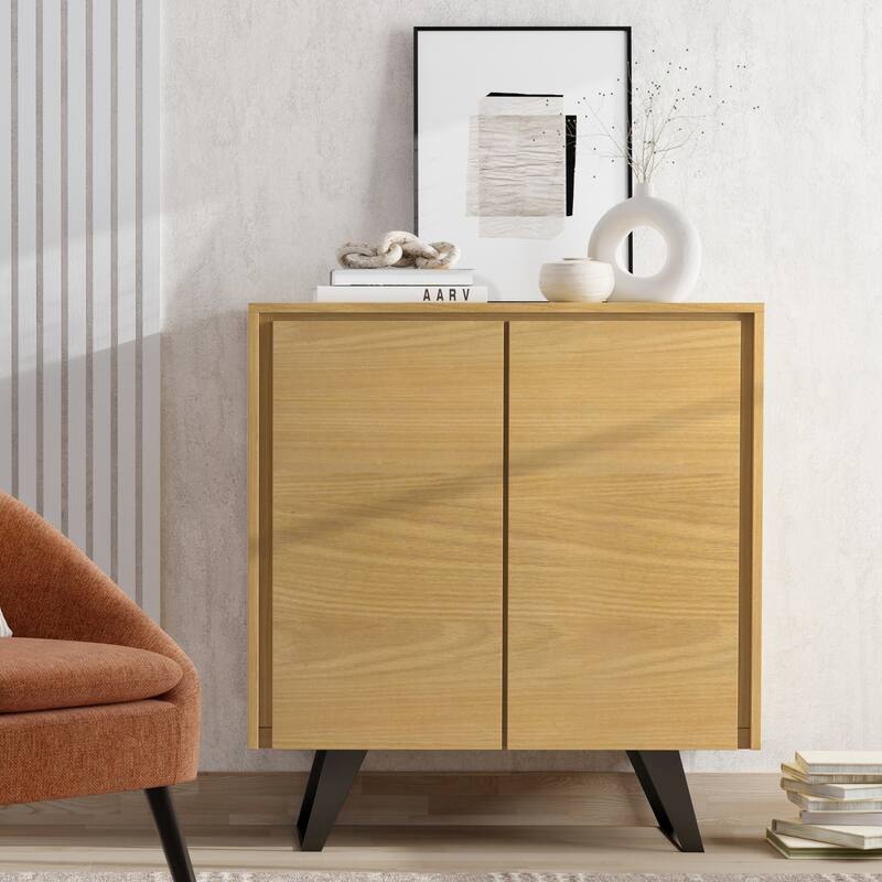 WYNDENHALL Mitchell SOLID WOOD and Metal 39 inch Wide Modern Industrial Medium Storage Cabinet - 39"w x 17"d x 42" h - Oak Veneer