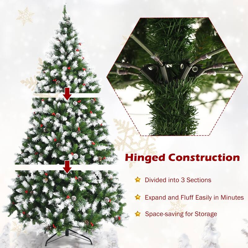 7.5 FT Pre-lit Snow Flocked Christmas Tree with Red Berries and 8 Lighting Modes
