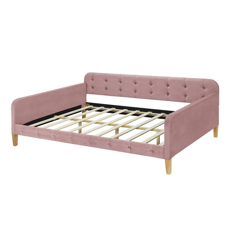 Full Size Velvet Upholstered Daybed Frame with Tufted Backrest & 4 Legs
