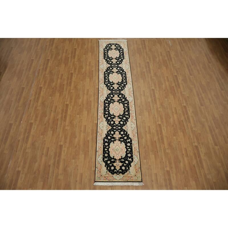 Hand Knotted Oriental Wool & Silk Carpet Traditional Floral Black Tabriz Runner Rug - 13' 5'' X 2' 9''