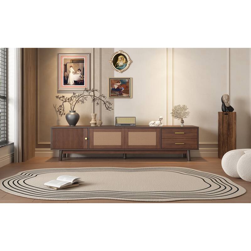 Mid Century Modern TV Stand for 80" TVs, Entertainment Center with Sliding Doors and Drawers, TV Table with Storage