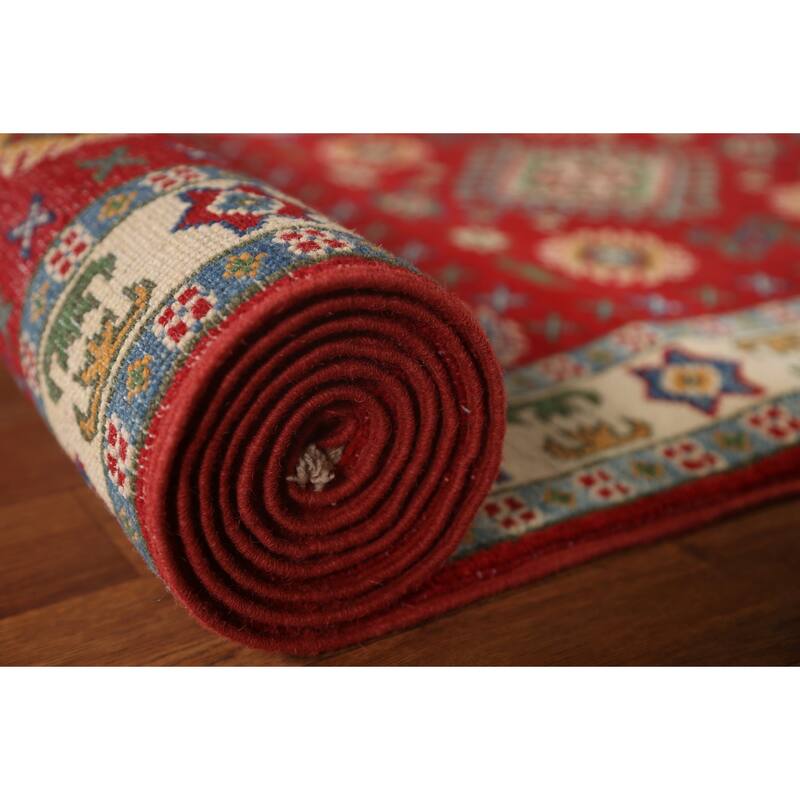 Red Geometric Traditional Kazak Oriental Wool Runner Rug Hand-knotted - 2'9" x 9'4"