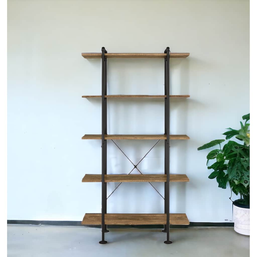 73inch Brown and Black Metal Five Tier Etagere Bookcase