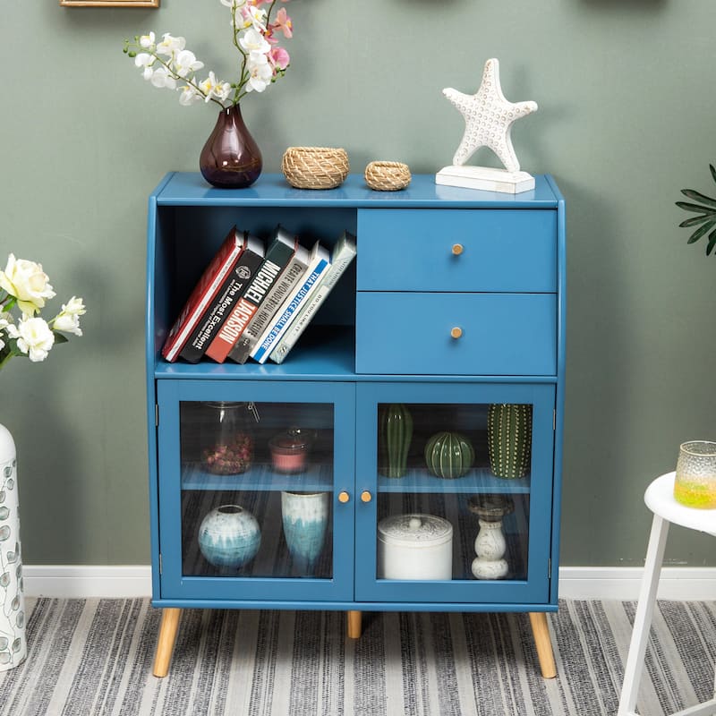 Blue Cabinet with Glass Doors Sideboard - 2-Door