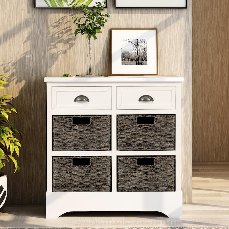 Hand-Woven Wicker Baskets Storage Cabinet, Entryway Table with 2 Aluminum Handle Drawers, Bottom Rubber Pad Sideboards - White
