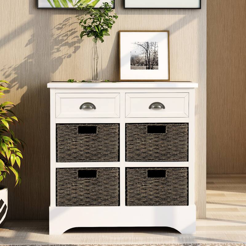 Rustic Storage Cabinet with Two Drawers and Four Classic Rattan Basket for Dining Room, Living Room - White
