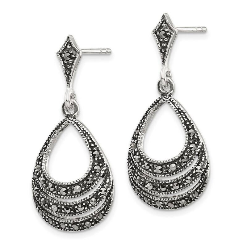 Curata 925 Sterling Silver Pear Marcasite Dangle Earrings 33x15mm