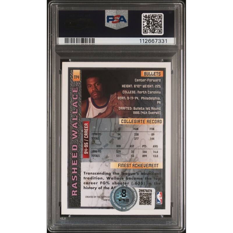 Rasheed Wallace 1995 Finest Signed Rookie Card #114 Auto Graded PSA 10 112667331 - 8' x 11'