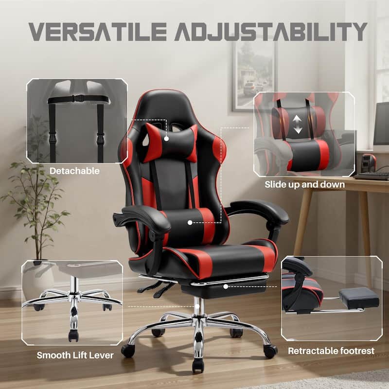 Ergonomic Faux Leather High Back Gaming Chair with Footrest & Linkage Armrests – Black & Gray for Adults