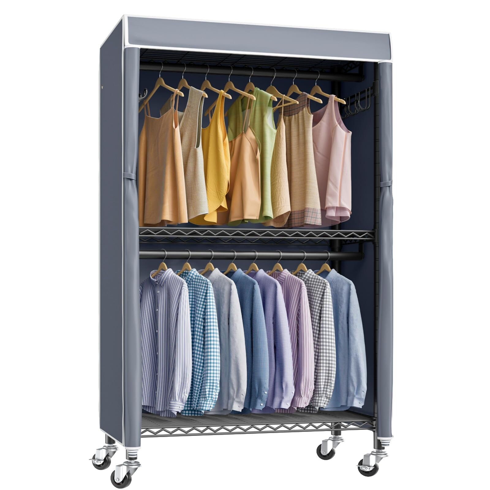 Rolling Garment Rack with Cover Clothing Rack for Hanging Clothes Closets with 3 Wire Shelving Double Rods Wardrobe on Wheels Bed Bath Beyond 38208547