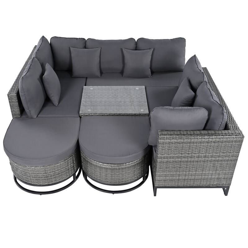 7-Piece Outdoor Wicker Sectional Sofa Set, All-Weather Patio Rattan Furniture Set with Coffee Table and Pillows
