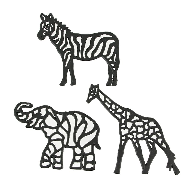 Zeckos Black Cast Iron Safari Animal Kitchen Trivets (Set Of 3) - 0.5 X 9.5 X 8.75 inches