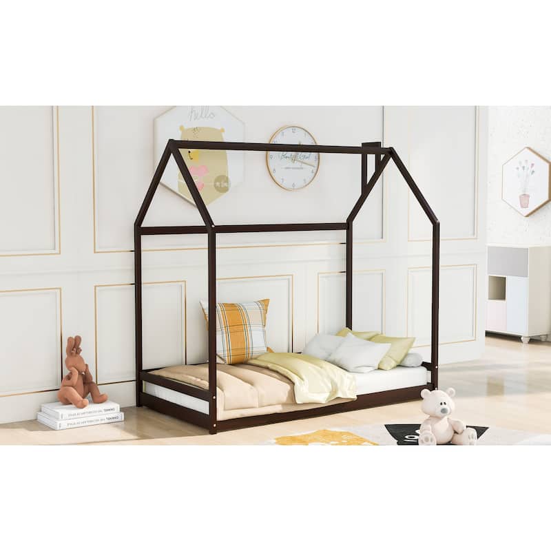 Twin/Full Size Wooden House Bed for Kids, Semi-Enclosed Playhouse Design with Roof, Perfect for Bedroom Fun and Sleep
