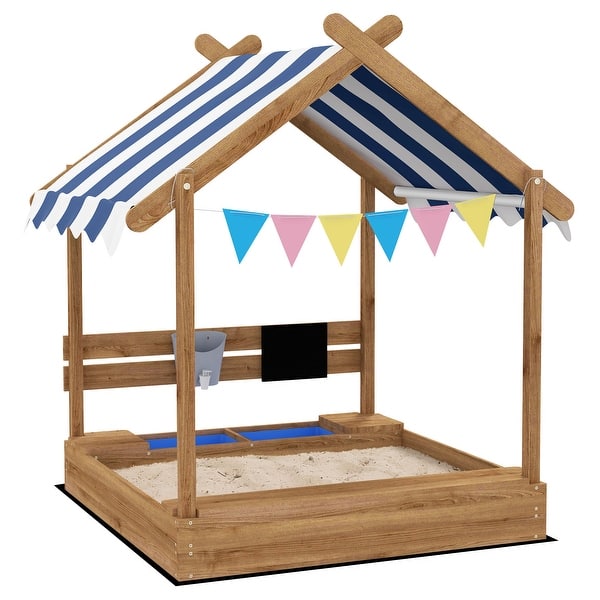 slide 2 of 5, Wooden Sandbox with Canopy House Design for 3-7 Years Old, Brown Brown