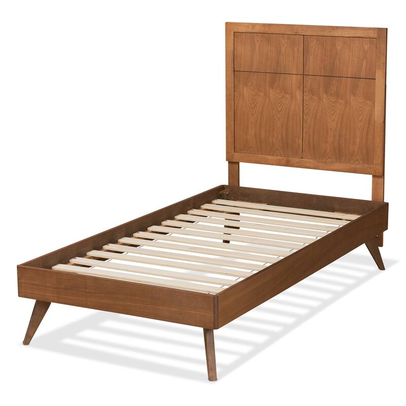 Twin Size Platform Bed - Modern Wood Bed Frame with Headboard - Walnut Brown Finish - Easy Assembly