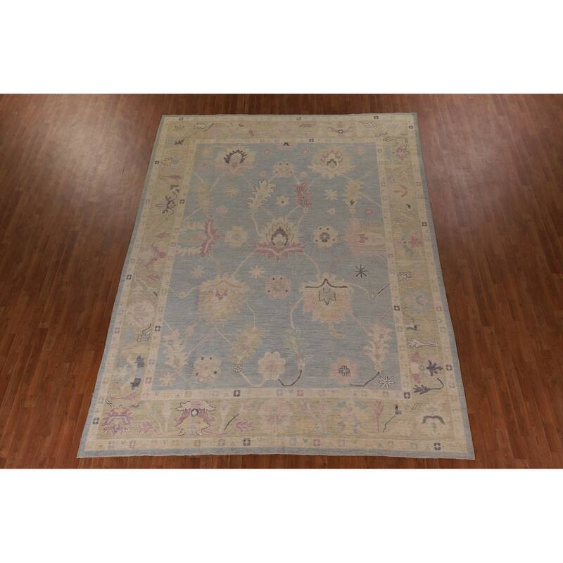Light Blue Vegetable Dye Oushak Rug Hand-Knotted Turkish Wool Carpet - 9'0" x 11'9"