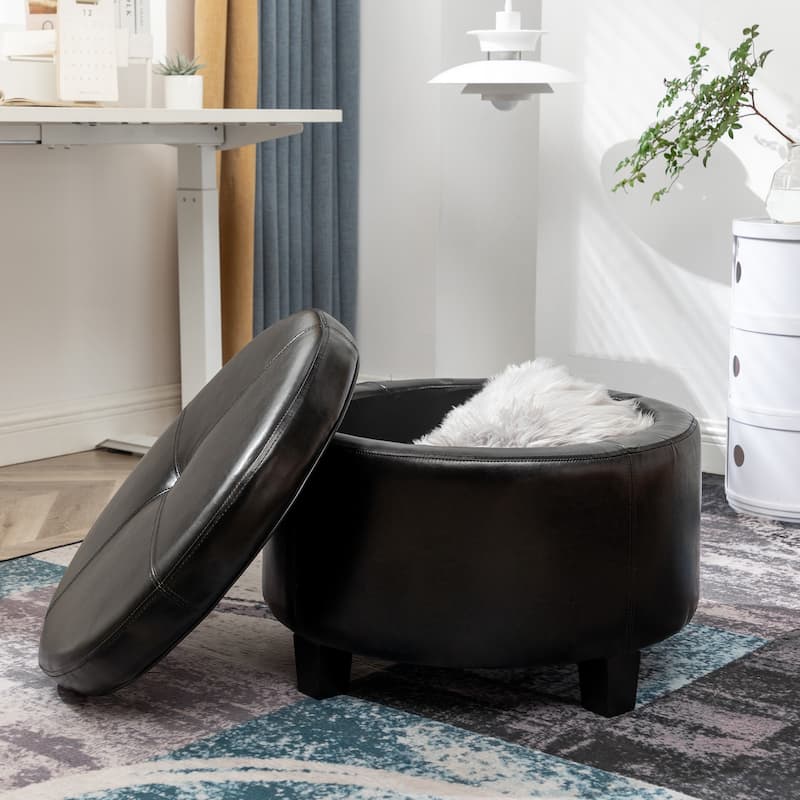 Porthos Home Donn Faux Leather Round Storage Ottoman with Rubberwood Legs