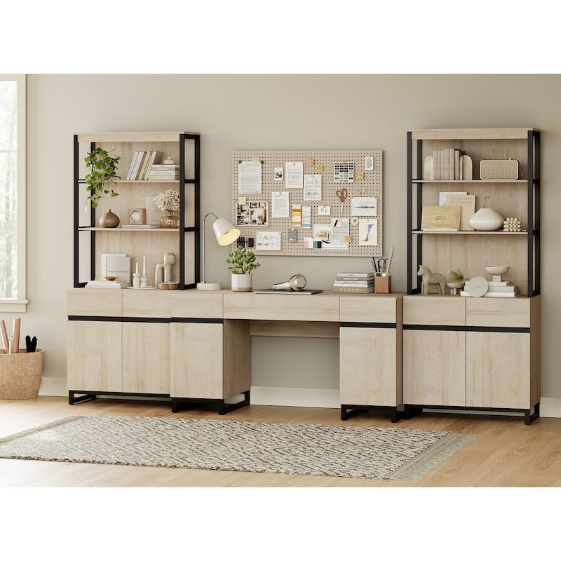 WAMPAT 59" Modern Executive Desk with Charging Station & Storage Cabinet + 72" Tall Bookcases.