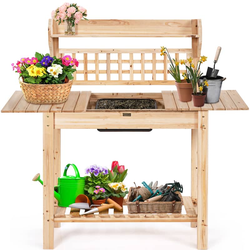 Costway Garden Potting Bench Workstation Table w/Sliding Tabletop Sink - See Details - Natural - See Details