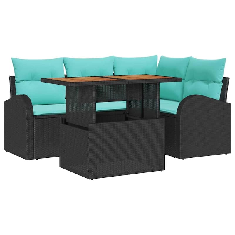 vidaXL 5 Piece Garden Sofa Set with Cushions Black Poly Rattan - 70.5×48.8×27.2