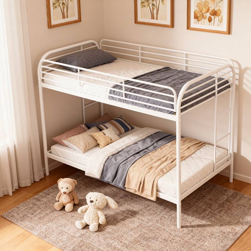 Low Profile Twin Over Twin Bunk Bed Frame with Dual Ladders, Full-Length Guardrais and Rounded Craftsmanship of Bed Corner