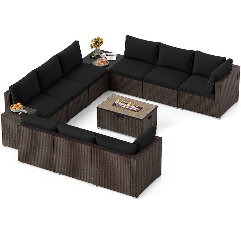 Gymax 12 PCS Outdoor Patio Wicker Sectional Sofa Set w/ 32'' Propane - Black