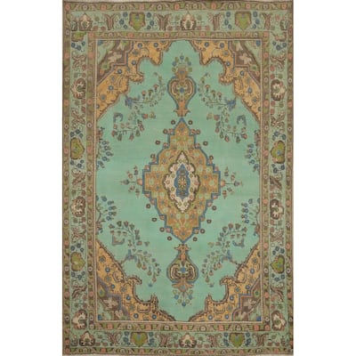 Hand Knotted Oriental 100% Wool Carpet Traditional Floral Green Tabriz Area Rug - 9' 6'' X 6' 7''