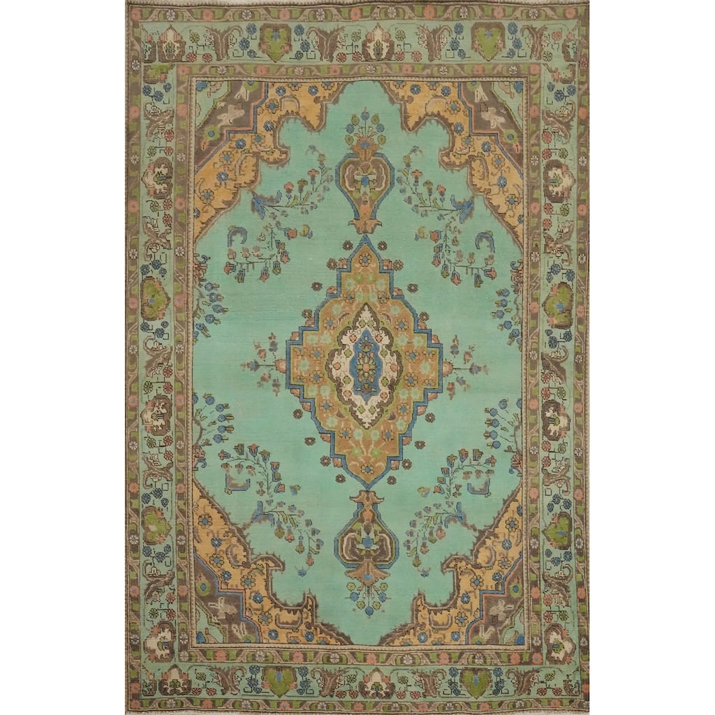 Hand Knotted Oriental 100% Wool Carpet Traditional Floral Green Tabriz Area Rug - 9' 6'' X 6' 7''