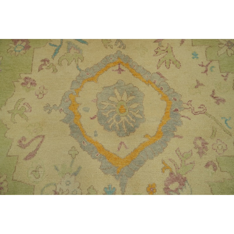 Vegetable Dye Green Oushak Turkish Area Rug, Floral Geometric Carpet - 12' 1'' X 9' 2''