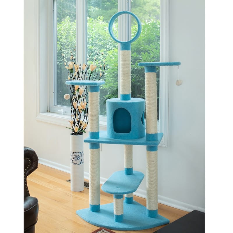 Classic Real Wood Cat Tree In Sky Blue,Five Levels With Perch, Condo