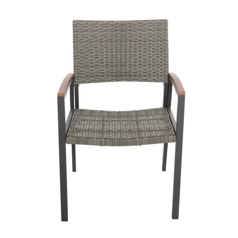 Outdoor Dining Chair Set of 2, Mesh Seat, Gray Rattan and Brown Faux Wood