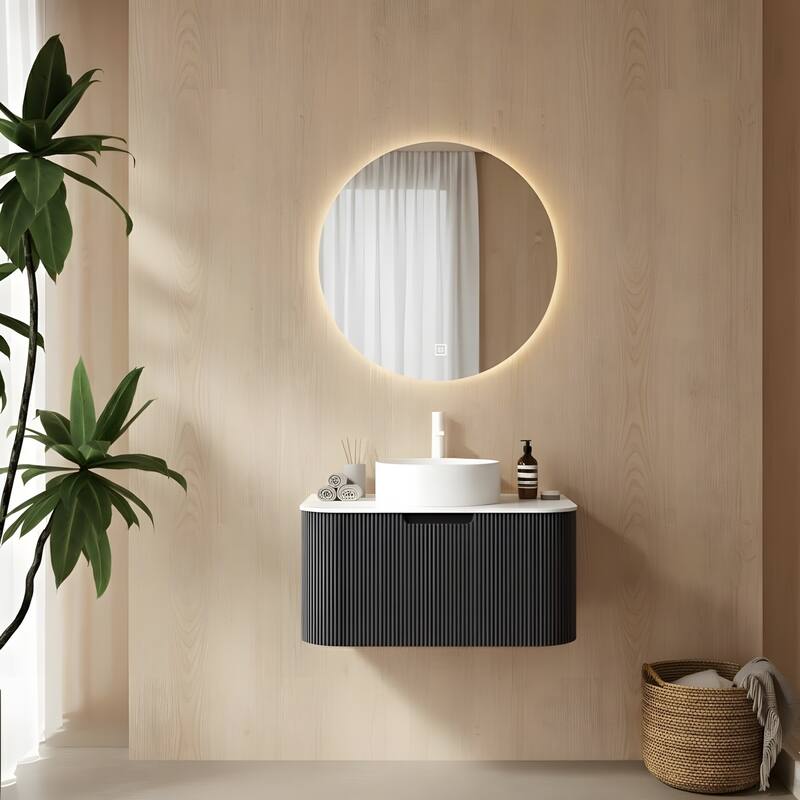 Wall Mounted Bathroom with White Round Ceramic Basin and Drawer - Black - 30