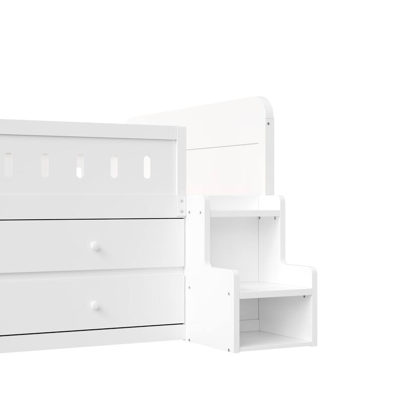 Wooden Full Size Bed Frame with Fun Headboard Built-in LED Light and Pull-out Storage Drawers, Staircase