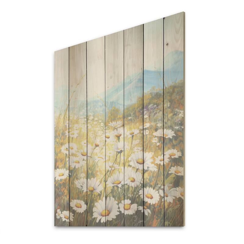 Designart "Mountain Daisies On Hill I" Flowers Wood Wall Decor - Traditional Beige Wood Panel On Natural Pine Wood