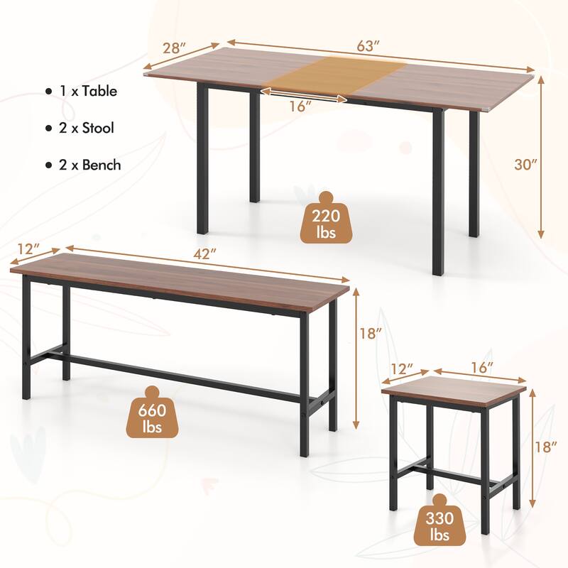 Gymax 5 PCS Dining Table Set for 4-6 w/ 2 Benches & 2 Stools Metal