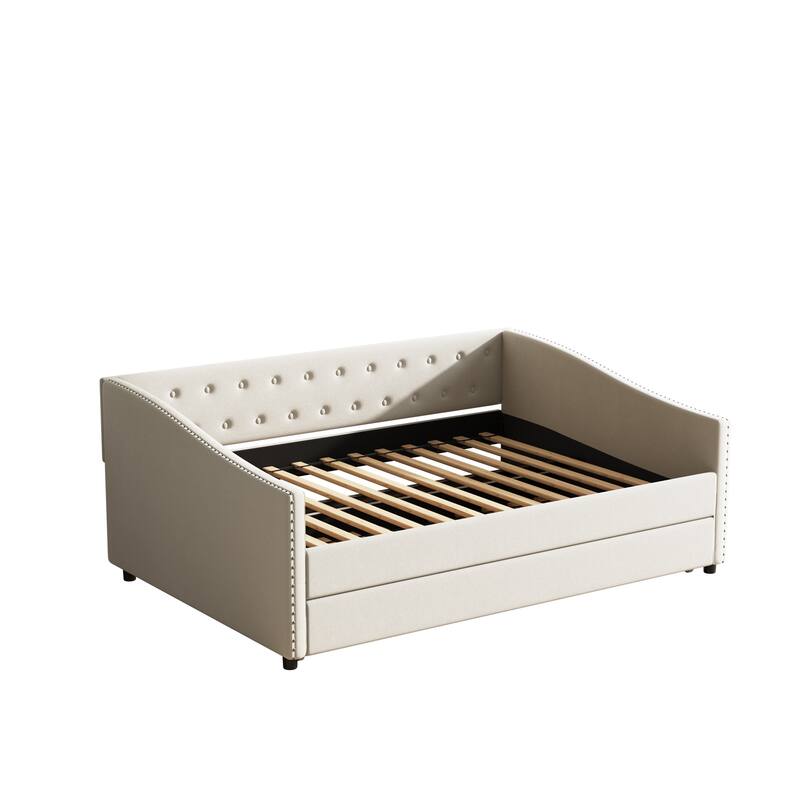 Linen Tufted Daybed with Trundle, Upholstered Platform Sofa Bed Frame, Wooden Slat Support