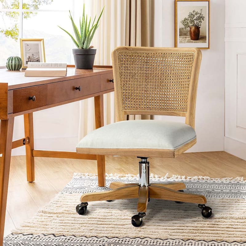 Calcutta Modern Rattan Back Task Chair Office chair with Solid Wood Legs by HULALA HOME - LINEN