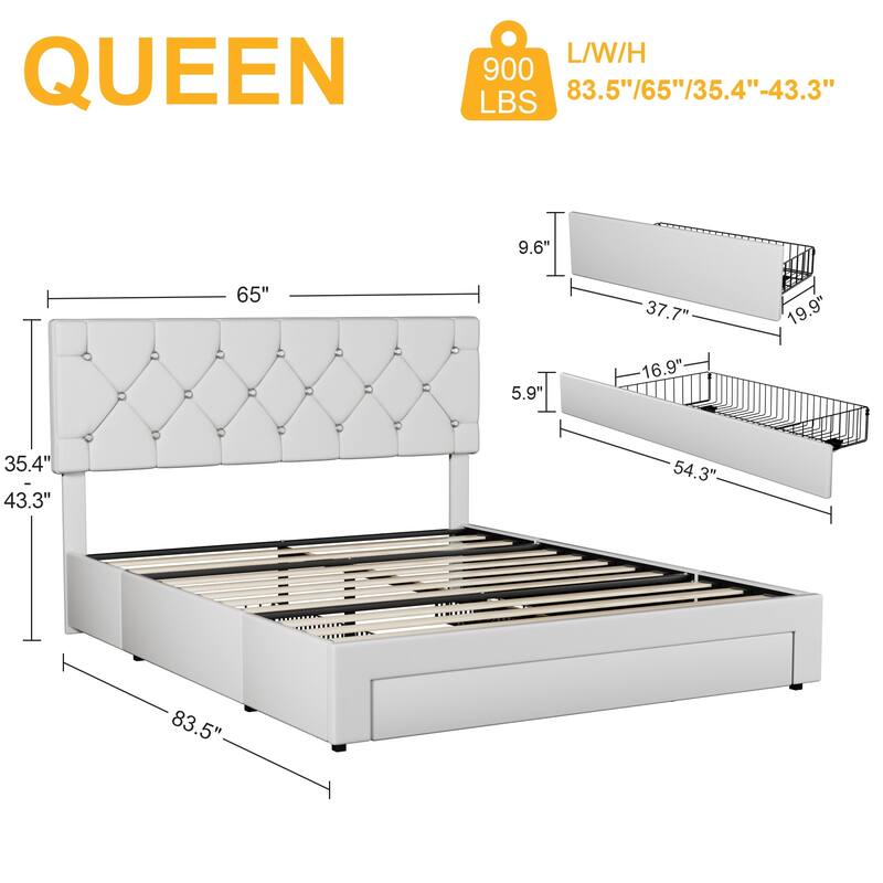 VECELO Bed Frame with Storage Drawers, Leather Upholstered with Diamond Tufted Headboard, Solid Wood Slat Support