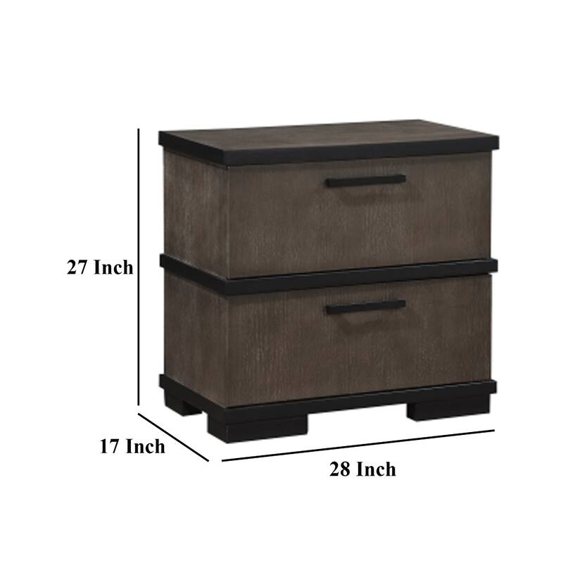 Acy Nightstand, 2 Drawers, Brownish Gray and Black Wood, Bar Handles