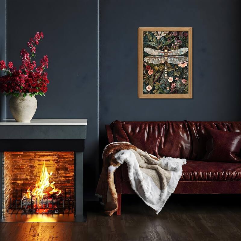 3D Textured Wall Art - Dark Green Dragonfly Flowers Wall Decor