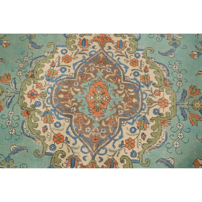 Hand Knotted Oriental 100% Wool Carpet Traditional Floral Navy Blue & Blues Tabriz Area Rug - 10' 1'' X 7' 2''