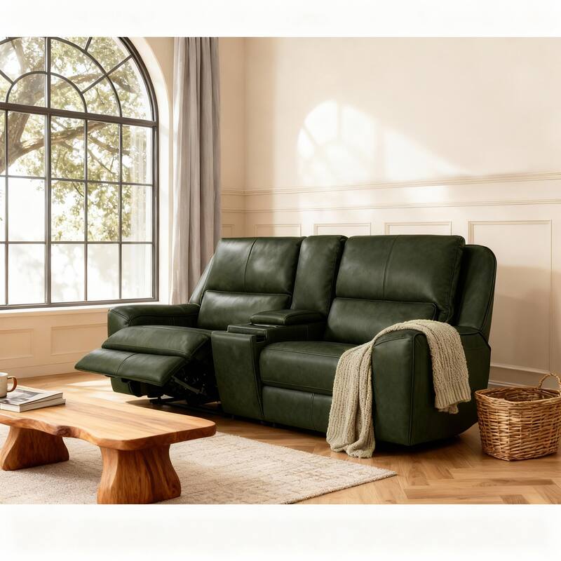 98''W Top Grain Leather Triple-Power Recliner Loveseat Sofa with Power Headrest, Pop-Out Cup Holders - Emerald