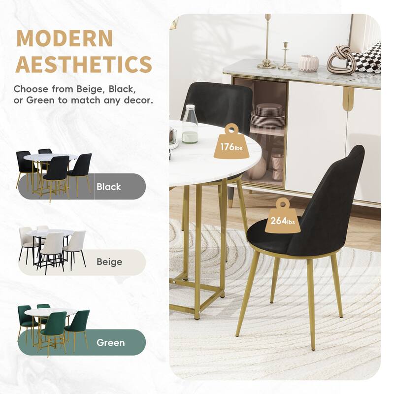5-Piece Extendable Kitchen Dining Table Set, Round Faux Marble Top with Golden Frame and 4 Upholstered Chairs