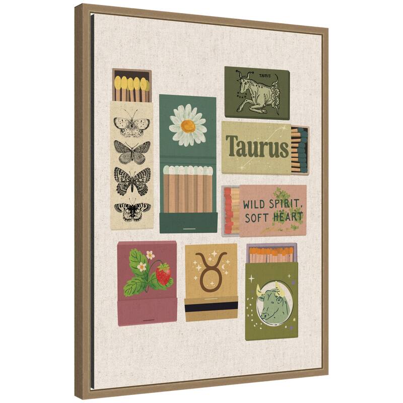 Kate and Laurel Taurus Matchbooks Linen FC by Megan Ryan Framed Canvas Wall Art Print - 18x24
