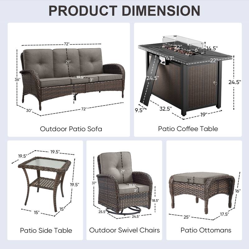 Patio Sofa Swivel Chair with Propane Fire Pit Table