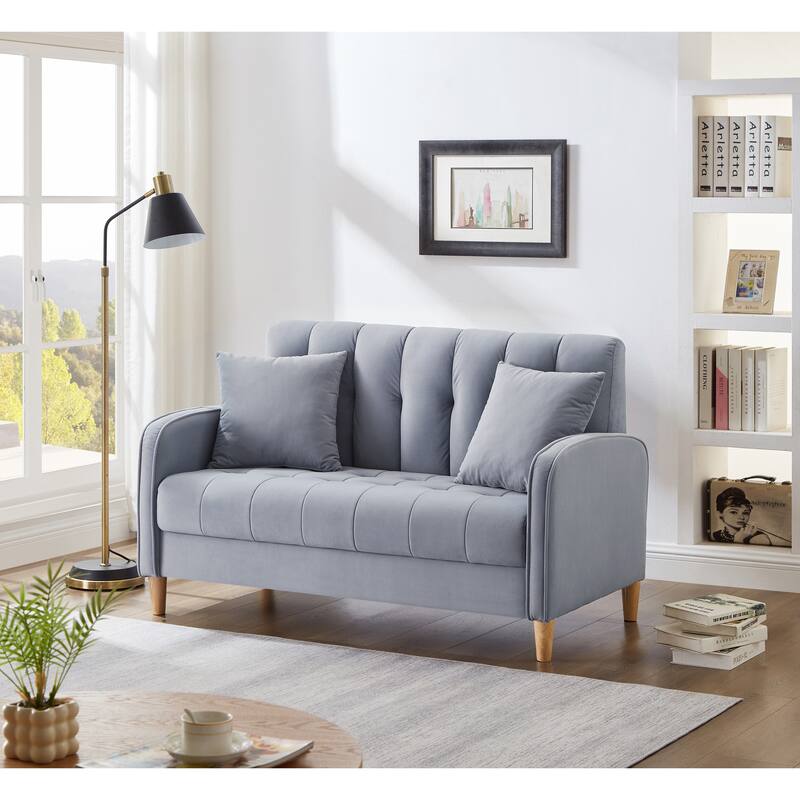 Modern Loveseat, Velvet Tufted Couch Upholstered Futon Sofa with 2 Tufted Pillow for Living Room 2-seat Armchair - Light Blue