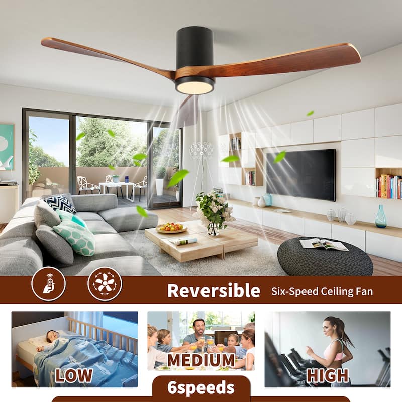 60 inch. LED Indoor/Outdoor Flush Mount Matte Black Ceiling Fan with Wood Blades, 6-Speed DC Remote Control