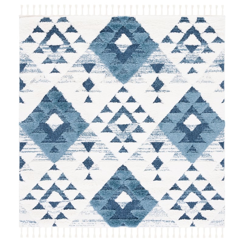 SAFAVIEH Moroccan Tassel Shag Kobi 2-inch Thick Rug - 8' Square - Blue/Ivory - Square