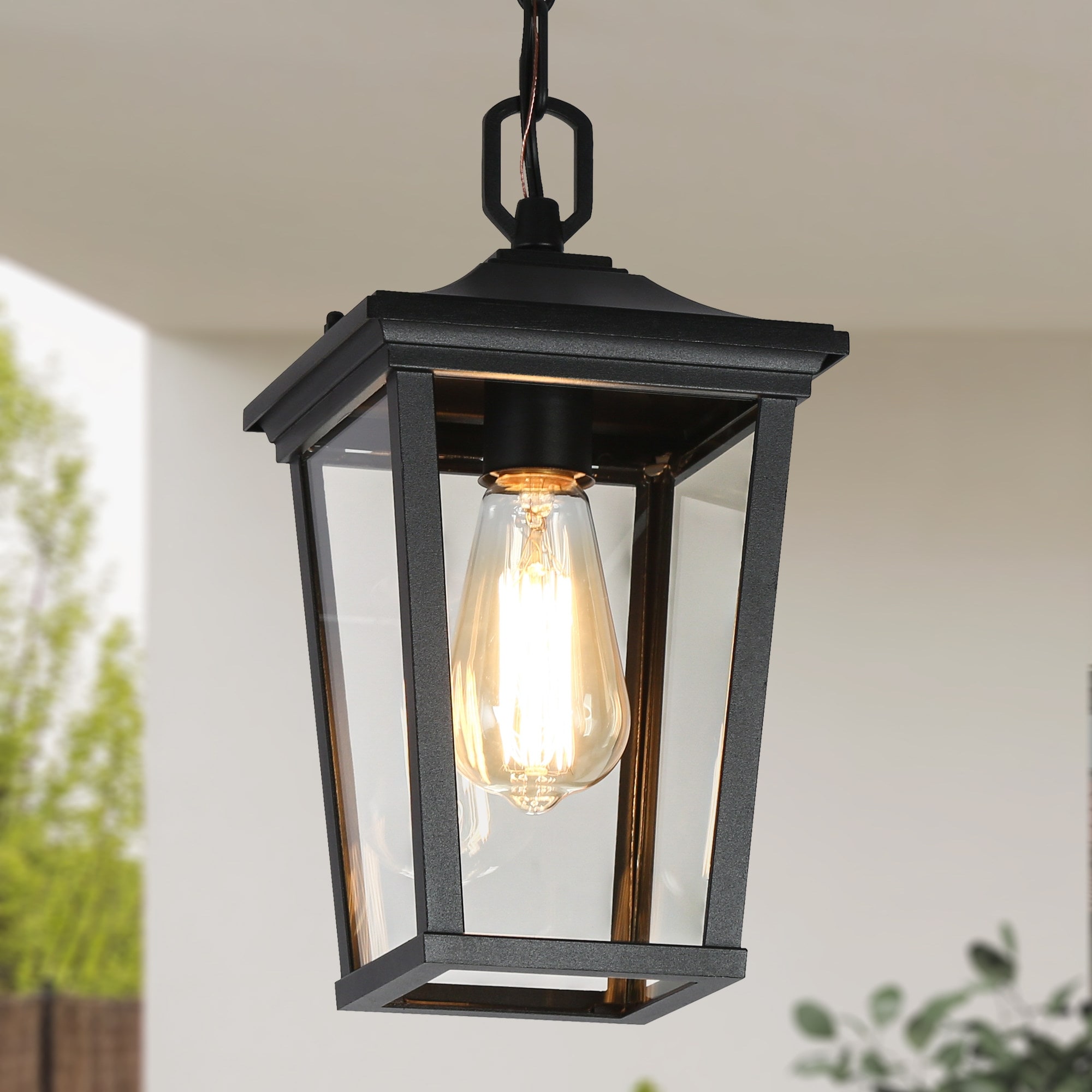 Modern Farmhouse Black 1-Light Outdoor Glass Pendant Light Patio Hanging Lantern - L 6.7" x W 6.7" x H 12.5"